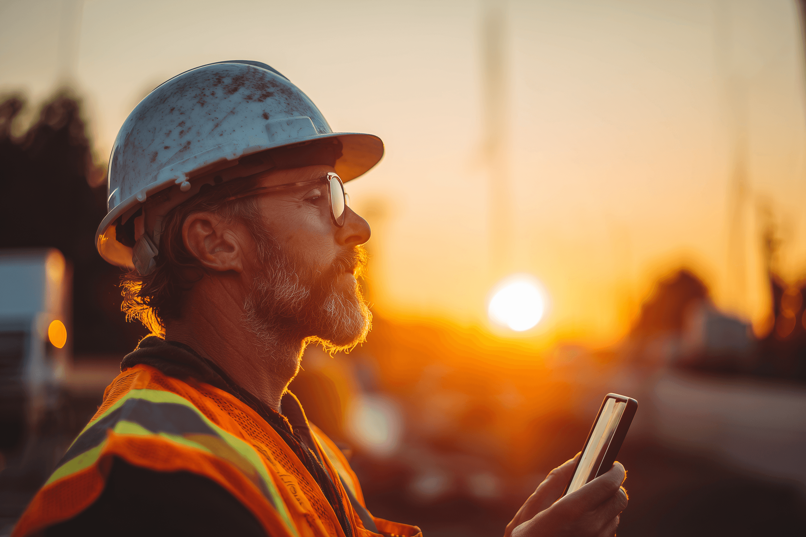 A construction supervisor on an Alberta job site at golden hour, holding his phone after clocking into a shift in ShiftPro Safety
